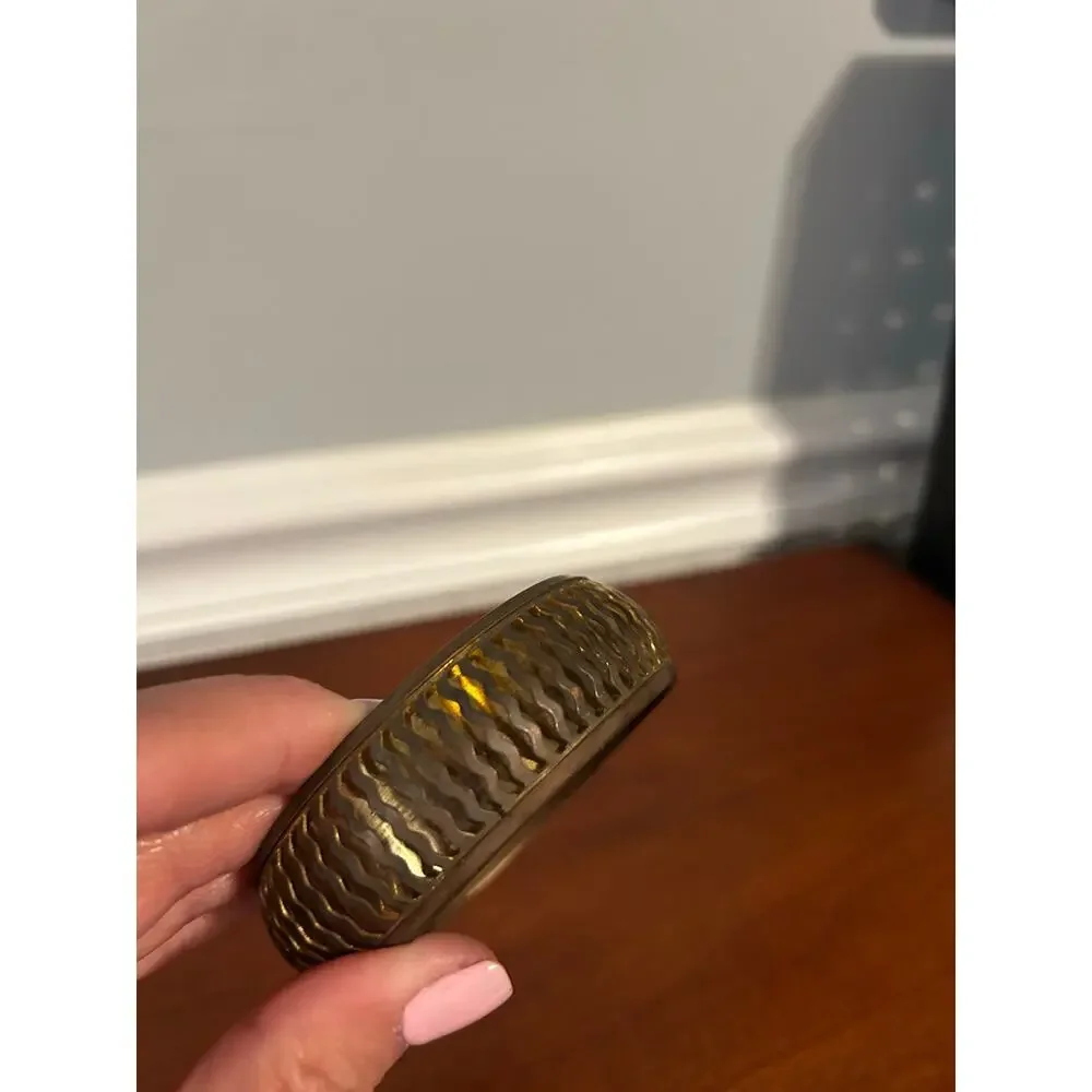 Vintage Gold Tone Brass Bangle Bracelet Wide 3 Inch Cut Out Zig Zag Stacking